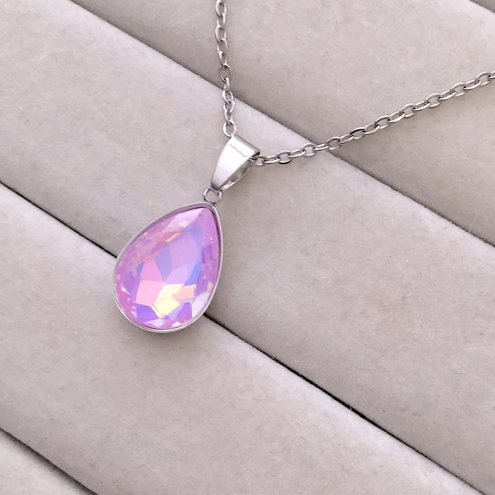 Lilac Lavender Opal Aurora Borealis + Stainless Steel Pear Crystal Drop Necklace - Picture 4 of 7